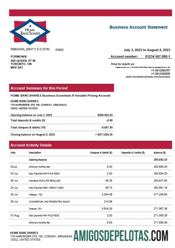 Imprimível Home Bancshares Bank Firm modelo de extrato de conta Word e PDF